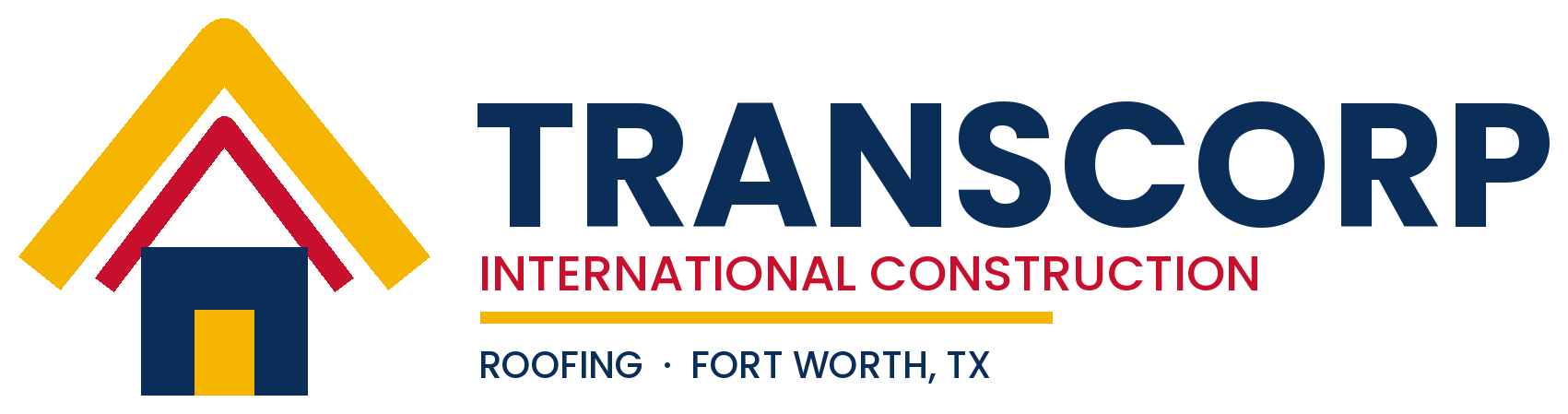 Logo for Transcorp International Construction with a stylized house and roof graphic. Text reads ROOFING • FORT WORTH, TX below the company name.